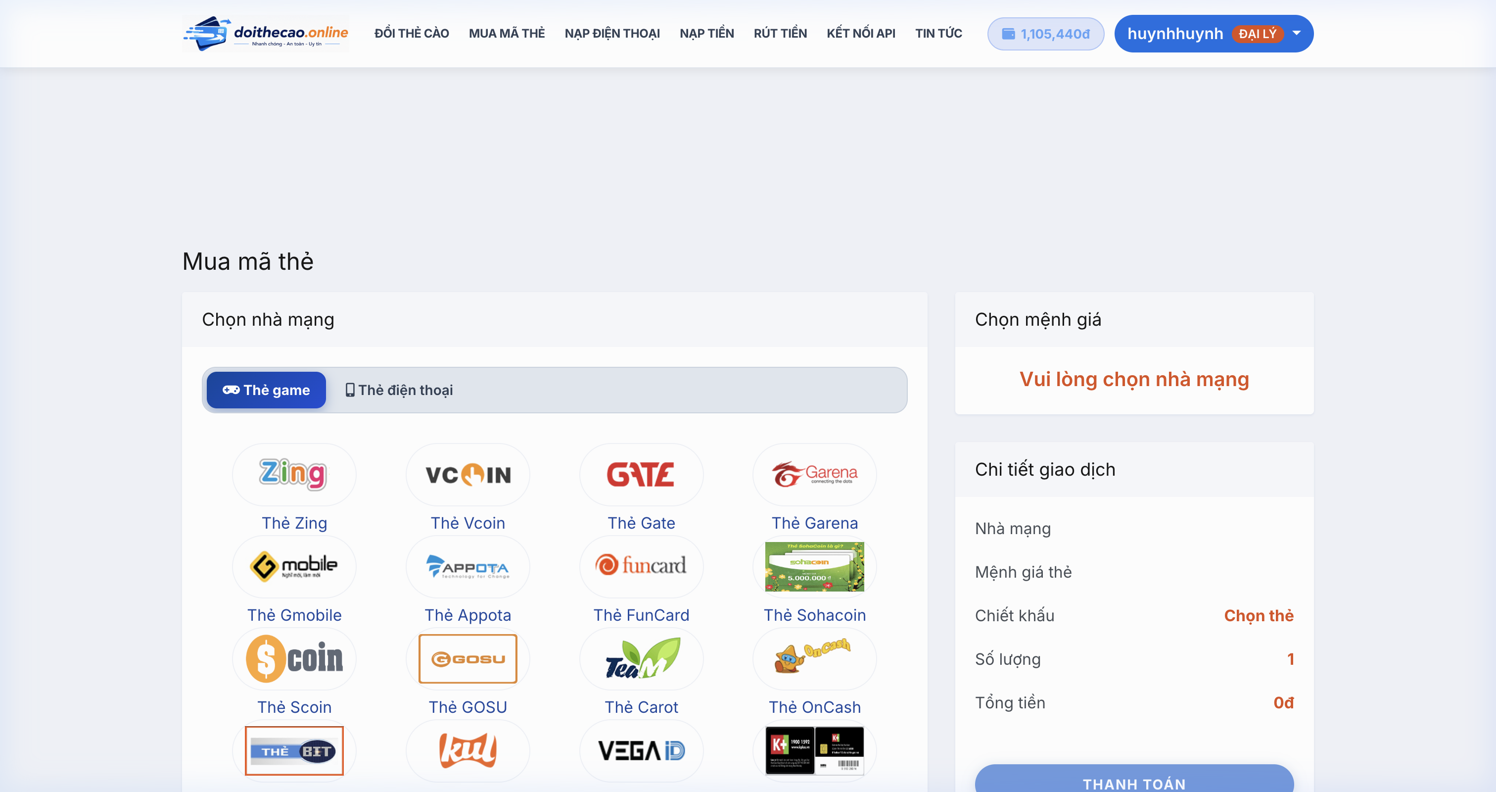 Hướng dẫn mua thẻ Vcoin (VTC) bước 3 chọn mệnh giá và số lượng